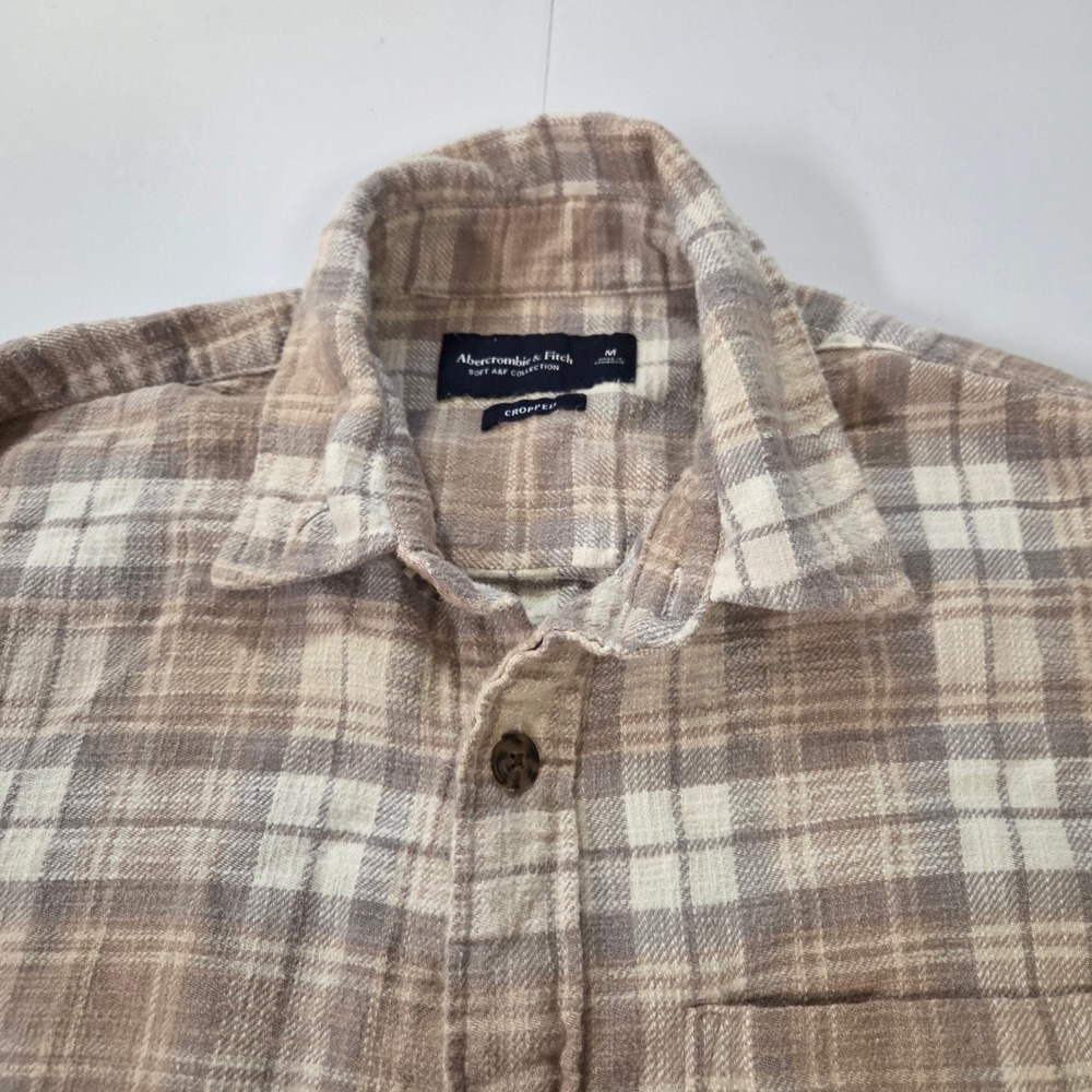 Abercrombie & Fitch Soft A&F Cropped Plaid Flannel Shirt Beige Tan Medium - Picture 2 of 6